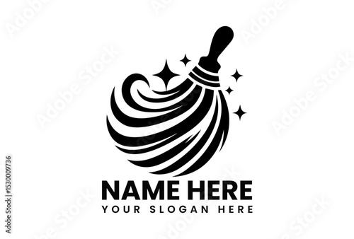 Stylized black silhouette of a broom sweeping with sparkling effects in a circular motion. Cleaning concept