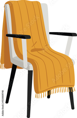 Modern chair with orange blanket draped over armrests in simple home decor style vector illustration 