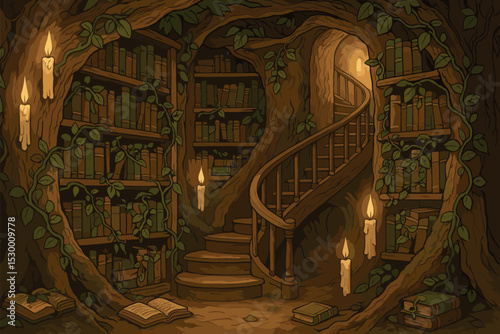 Magical Tree Library. Vector illustration of a magical library inside an old oak tree with spiral staircase, floating candles, and