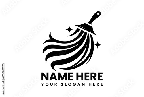Stylized black vector illustration of sweeping broom with magical sparkling trail in circular cleaning motion