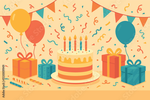 Festive Birthday Celebration. Vector illustration of decorated birthday table with cake, candles, balloons, confetti, and wrapped