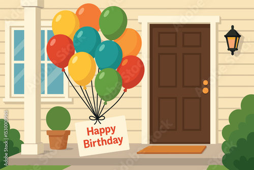 Birthday Balloon Surprise. Vector illustration of birthday balloon delivery scene with oversized helium bouquet, note card, and