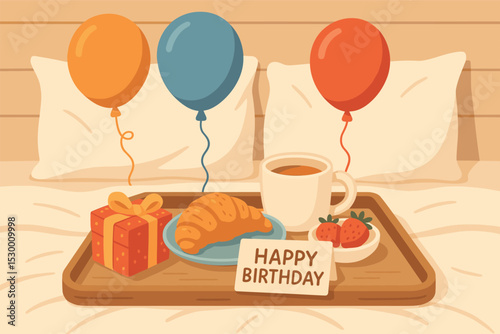 Morning Birthday Surprise. Vector illustration of morning birthday surprise with breakfast tray, small gift, and balloons in bed
