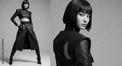 Stylish black leather fashion shoot.  Model in modern, edgy attire