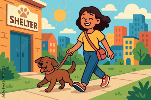 Joyful Pet Adoption. Vector illustration of joyful walk home from shelter with new pet and colorful city background