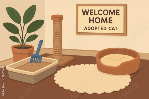 Cozy Cat Corner. Vector illustration of cozy home corner being prepared for adopted cat with litter box, scratching post, and soft