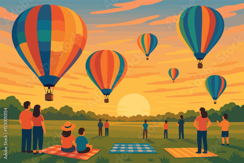 Balloons Rising at Sunrise. Vector illustration of colorful hot air balloons rising over open field at sunrise with spectators and