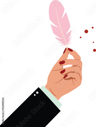 Hand holding delicate pink feather with red nail polish and black sleeve vector illustration design