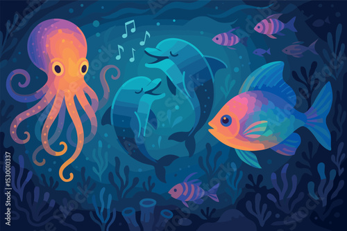 Magical Underwater Creatures. Underwater wonder — Vector illustration of magical sea creatures like glowing octopus, singing