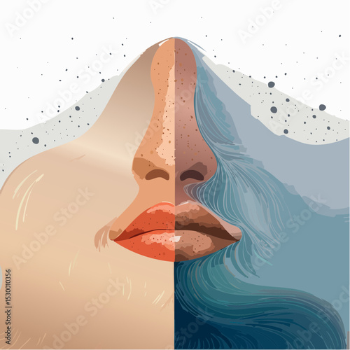 Stylized vector portraits focused on noses and lips, featuring soft shadows, artistic textures, and surreal accents