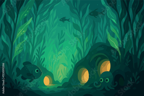 Glowing Kelp Enchantment. Vector illustration of glowing kelp forest with hidden tunnels, curious creatures, and ambient light