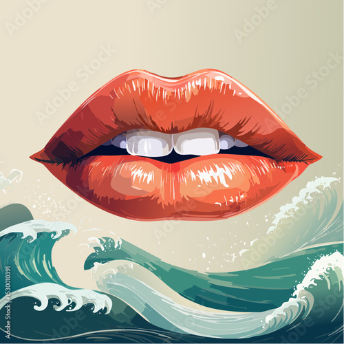 Vector illustrations of glossy red lips paired with stylized ocean waves, blending sensual beauty with bold, artistic motion.