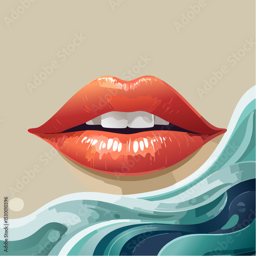 Vector illustrations of glossy red lips paired with stylized ocean waves, blending sensual beauty with bold, artistic motion.