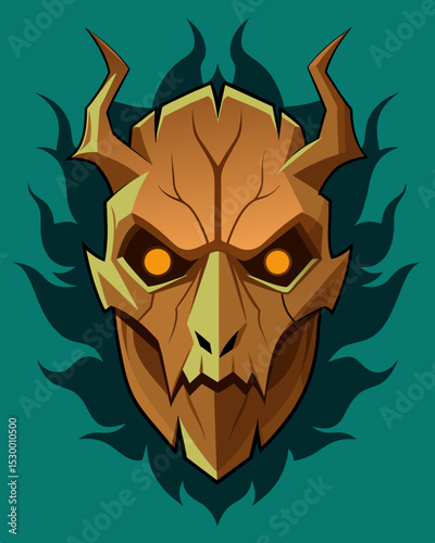 A wooden mask carved with serene features but as it splinters and cracks the malicious intentions of the wearer become clear.. Vector illustration