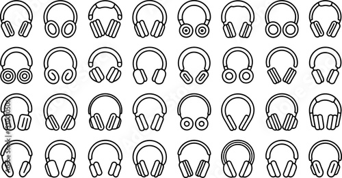 Thirty Six Black Outline Headphone Icons White Background