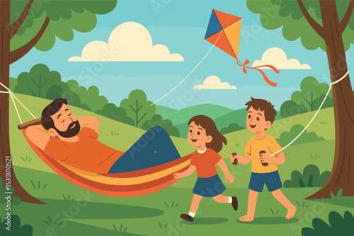 Family Kite Adventure. Vector illustration of relaxing moment with dad napping in hammock while kids explore nearby with a kite