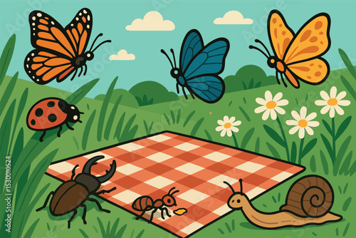 Picnic with Butterflies. Vector illustration of summer bugs and butterflies around picnic area with nature interaction moments