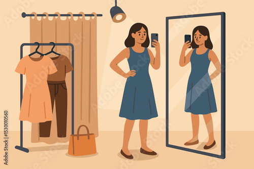 Fitting Room Fashion. Vector illustration of customer trying on outfits in fitting room with curtain, spotlight, and mirror
