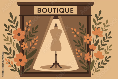 Boutique Window Display. Vector illustration of boutique display window with spotlighted mannequin and floral decor around