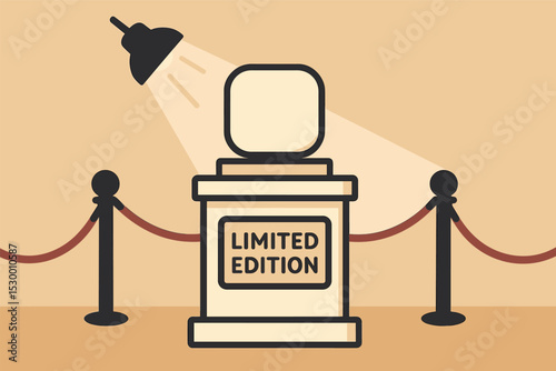Limited Edition Display. Vector illustration of limited-edition piece on pedestal with sign, spotlight, and velvet rope detail