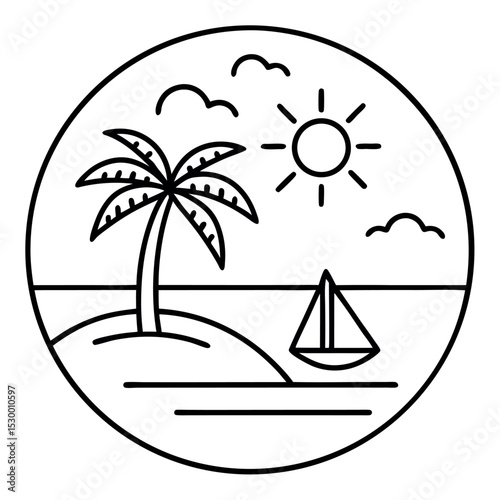 Summer Beach Line Art Vector Icon on White Background