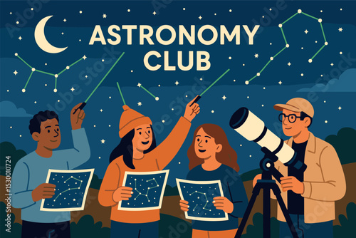 Star Gazing Club. Vector illustration of astronomy club meeting outdoors with laser pointers, star maps, and telescope setup