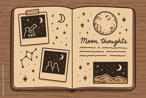Stargazing Journal Entry. Vector illustration of journal entry moment after stargazing with sketches, taped polaroids, and moon