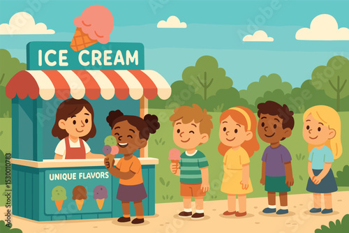 Ice Cream Delight. Vector illustration of ice cream stand with unique flavors, long line, and happy kids holding cones