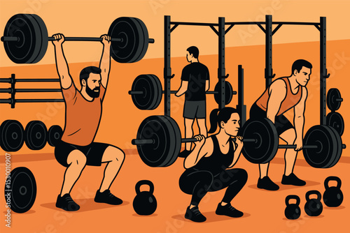 Weightlifting Zone. Vector illustration of weightlifting zone with racks, barbells, kettlebells, and focused lifters