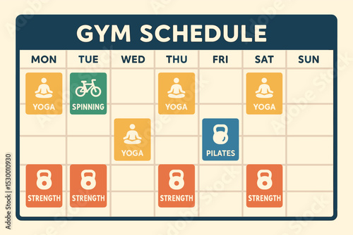 Gym Class Schedule. Vector illustration of gym schedule board with weekly classes, color-coded formats, and icons