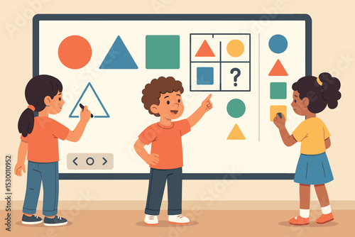 Interactive Whiteboard Learning. Vector illustration of interactive whiteboard lesson with students drawing shapes and solving