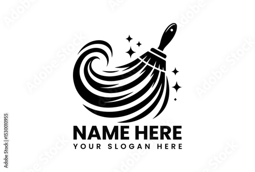 Dynamic black silhouette vector of broom sweeping with sparkling circular motion for professional cleaning service branding