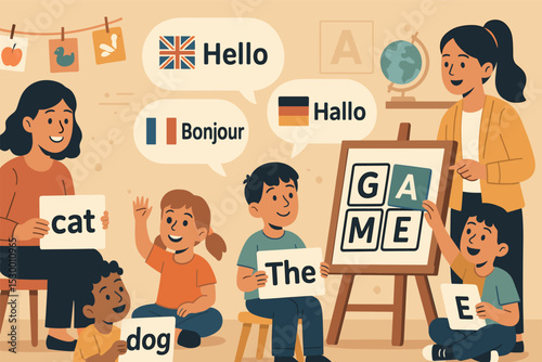 Multilingual Classroom Fun. Vector illustration of language lesson with word cards, playful games, and a multilingual classroom
