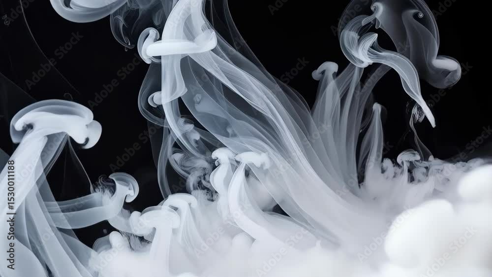 Abstract plumes of milky white liquid swirling gracefully through a dark space, creating an ethereal and dreamy visual aesthetic