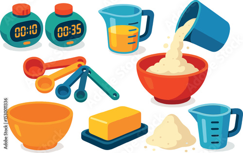 Baking Experiment Icons. Isometric flat vector illustration of a baking experiment table with timers, measuring cups, and flour in