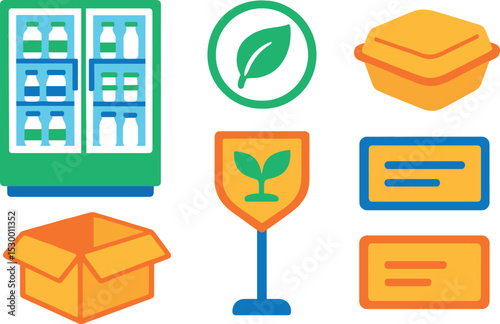 Organic Dairy Icons. Isometric flat vector illustration of a refrigerated organic dairy section with glass doors, compostable