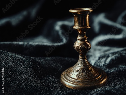 Ornate brass candleholder on dark fabric.