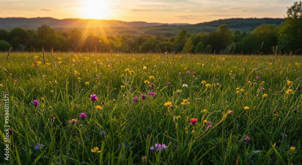 Obraz premium Sunset over a vibrant meadow