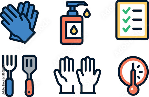Fast Food Icons. Isometric flat vector illustration of a fast food employee workstation with gloves, utensils, and hygiene