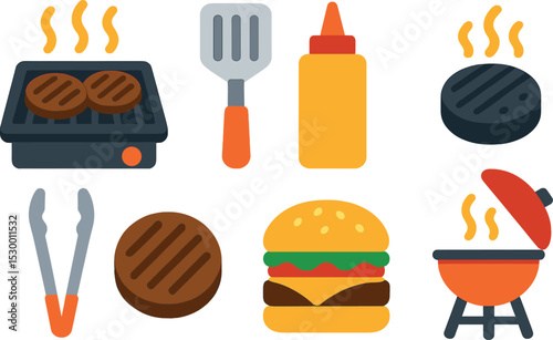 Grilling Hamburger Icons. Isometric flat vector illustration of a hamburger grilling station with sizzling patties and grill marks
