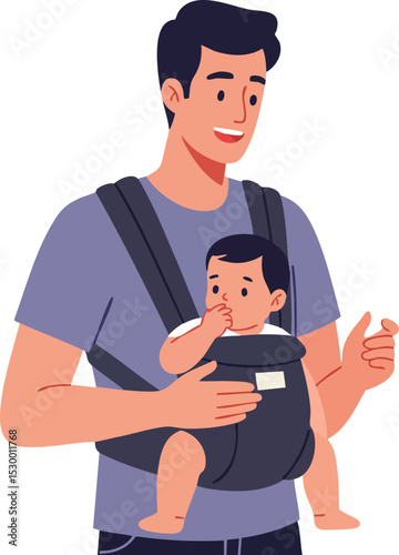 Young father carrying baby in front carrier vector illustration of parenting and childcare activity 