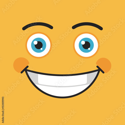 Smiling emoji face with bright blue eyes and cheerful expression on yellow background vector illustration 