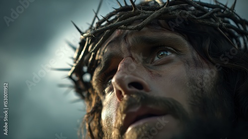 A close-up reveals Jesus Christ adorned with a crown of thorns, capturing intense emotions. His gaze looks upward, reflecting sorrow and determination amidst a dark, cloudy background