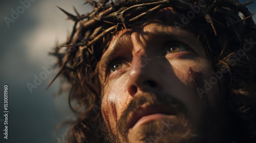 This cinematic portrayal features Jesus Christ close-up, showcasing his expressive face adorned with a crown of thorns. The lighting captures a moment of intense emotion, set against a dynamic sky