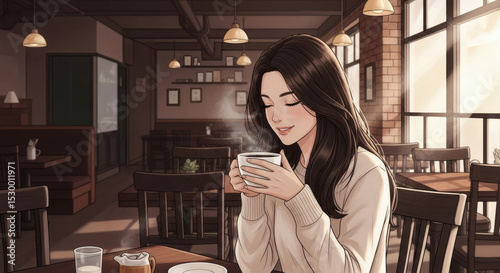 A woman with long dark hair holding a steaming cup of coffee in a cozy cafe setting near a window