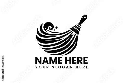 Stylized black silhouette of a broom sweeping with sparkling effects in a circular motion. Cleaning concept