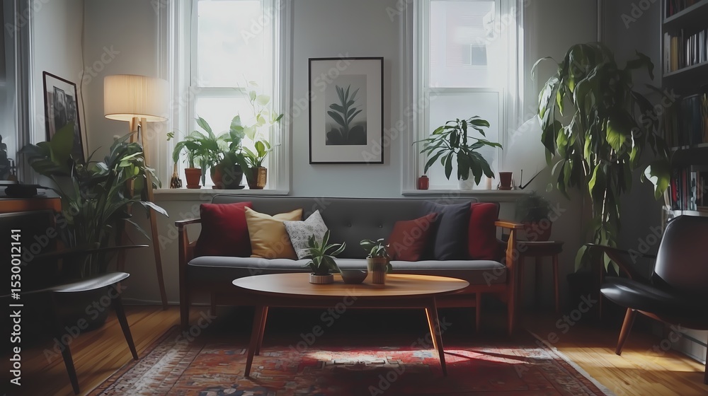 Fototapeta premium Eclectic living room with a mix of mid-century modern furniture and bohemian accents, vibrant textiles, warm wood tones, and plants