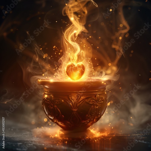 An ornate bowl displays a glowing heart within, surrounded by ethereal flames and swirling smoke. The scene captures an enchanting moment of warmth and light, evoking a sense of magic