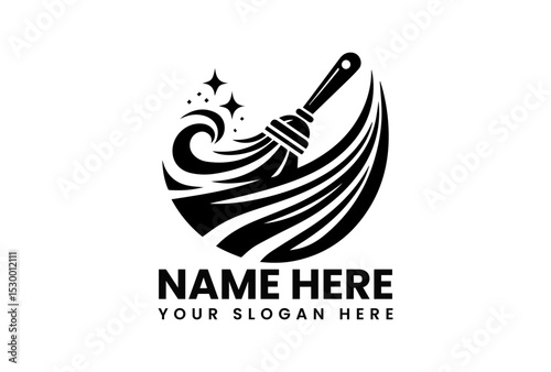 Stylized black silhouette of a broom sweeping with sparkling effects in a circular motion. Cleaning concept