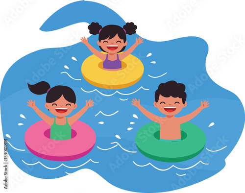 Children swimming with colorful float rings in blue water enjoying summer leisure activity outdoors 
